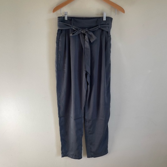 Heartloom Paperbag Trouser Tie Waist Pants Silky Satin Grey High Rise Medium - Picture 1 of 8